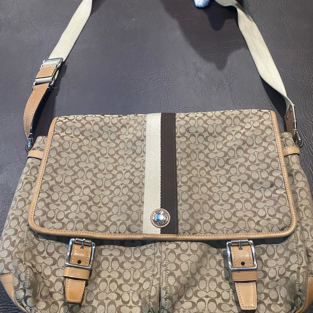 Coach Signature Beige and Brown Laptop Bag